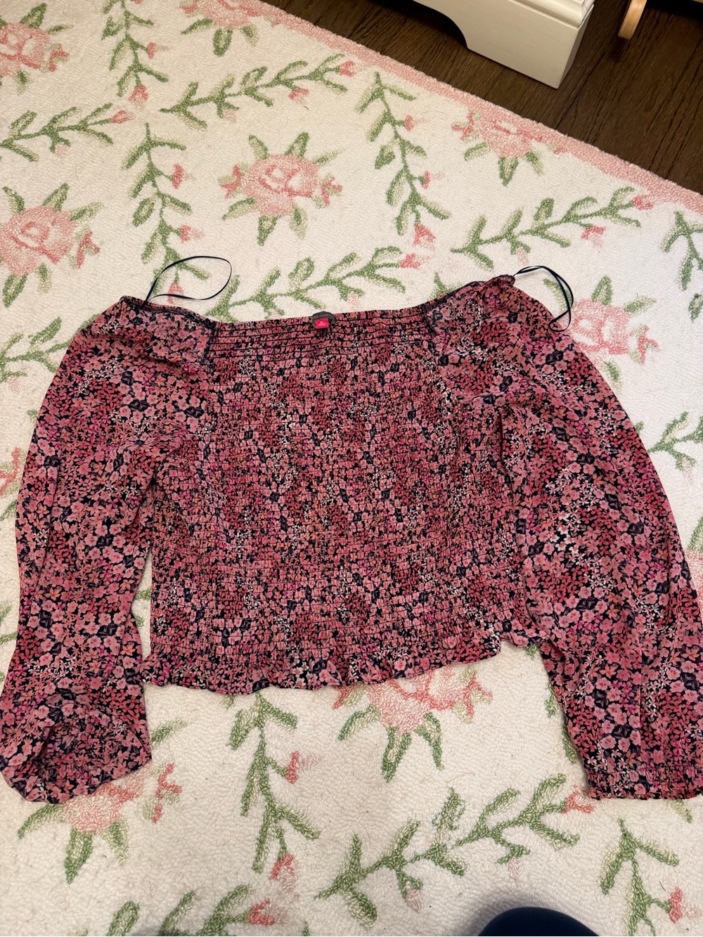 Vince Camuto Floral Smocked Off-Shoulder Crop Top - Pink & blue